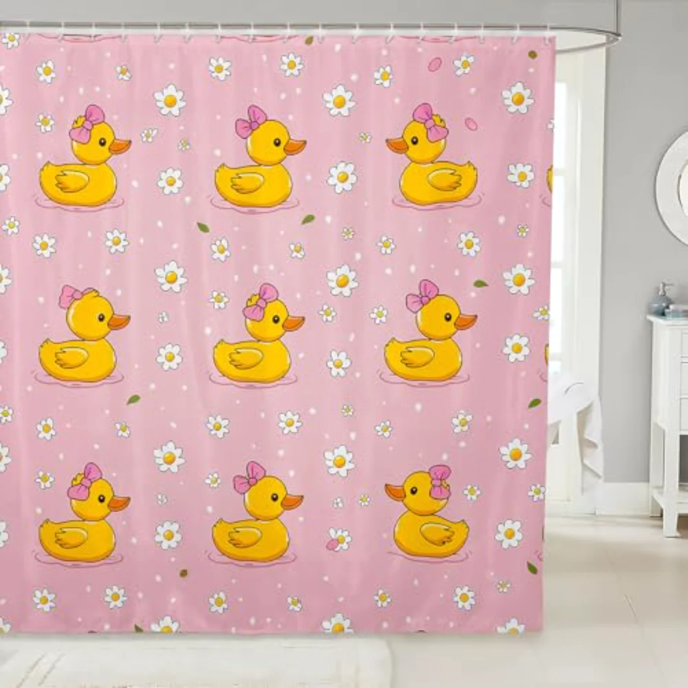 Kids Duck Pink Bows Bathroom Shower Curtain