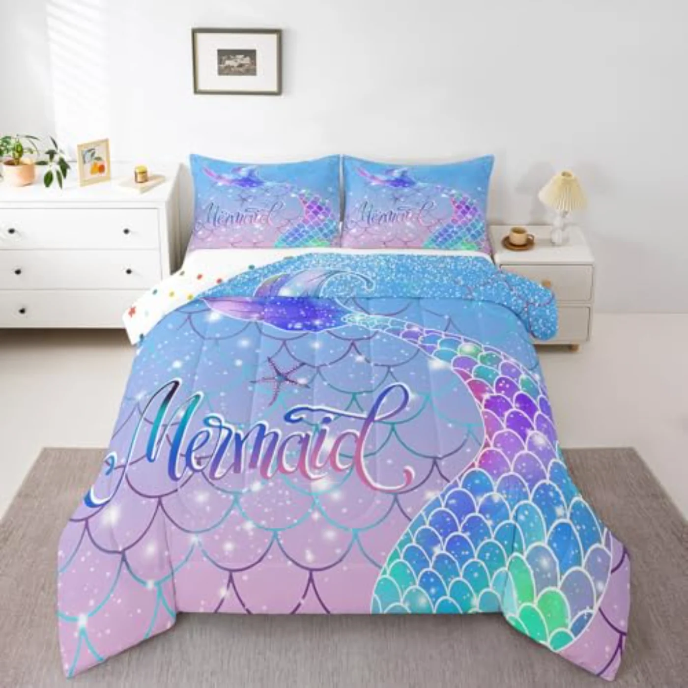 Mermaid Teen Girls Rainbow Blue Comforter Set, Twin