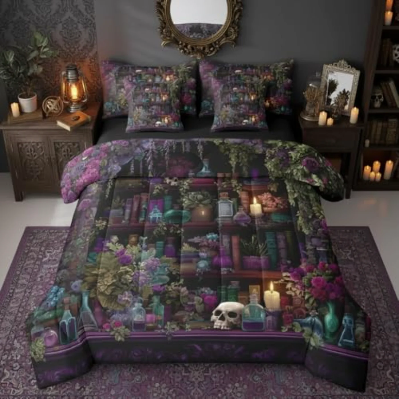 Gothic Skull Vintage Witchy Sheets Comforter Set, Queen