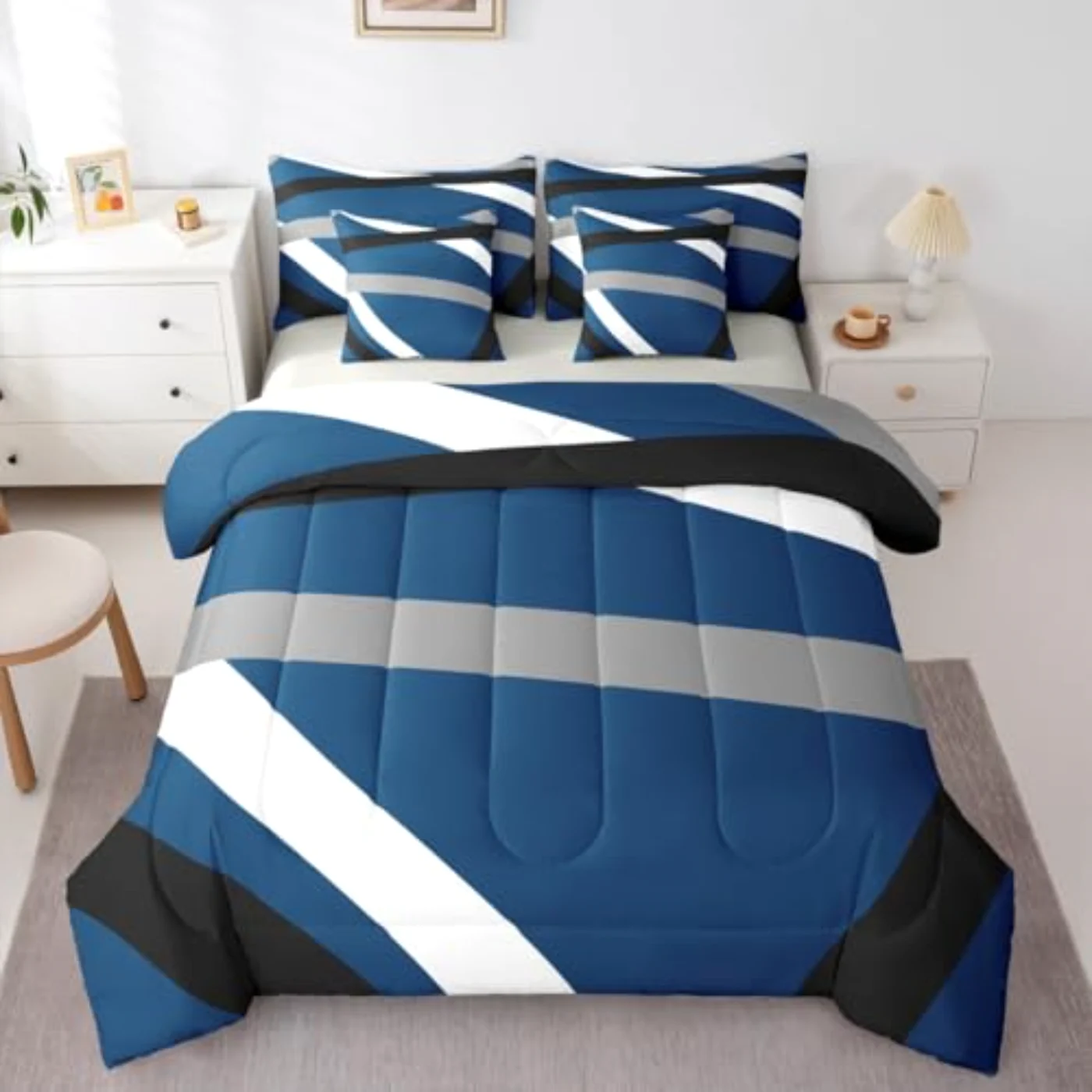 Blue Gray Black Striped - Comforter Set, King