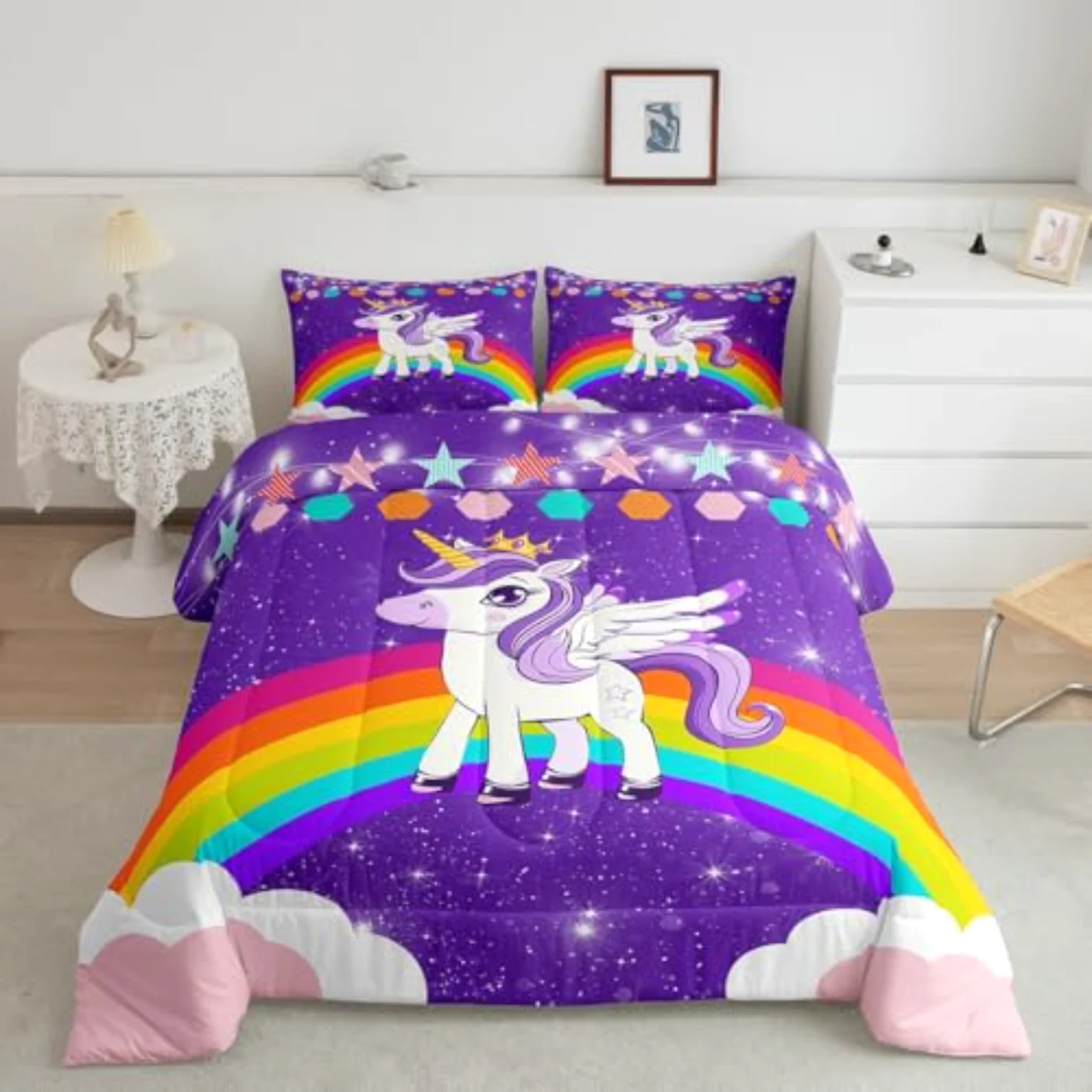 Girls Unicorn Rainbow Cute Glitter Comforter Set, Twin