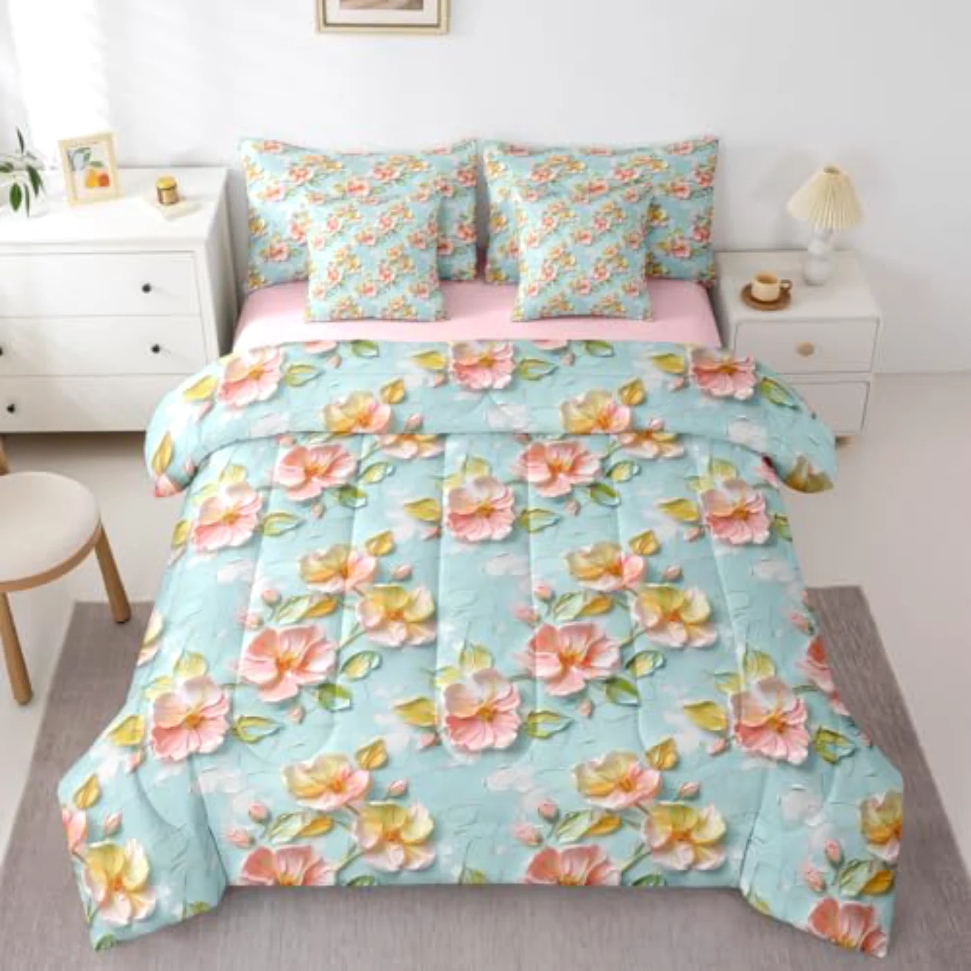 Pink Flower In Bag Comforter Set, Queen