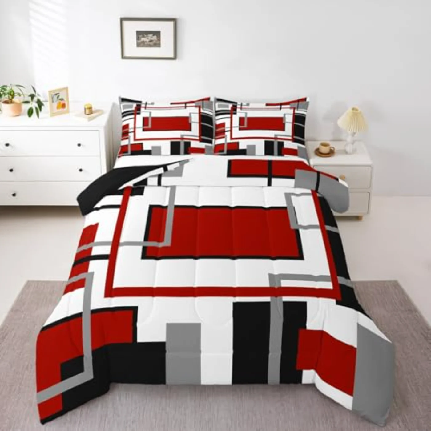 Red Black White Abstract Geometric Comforter Set, Full