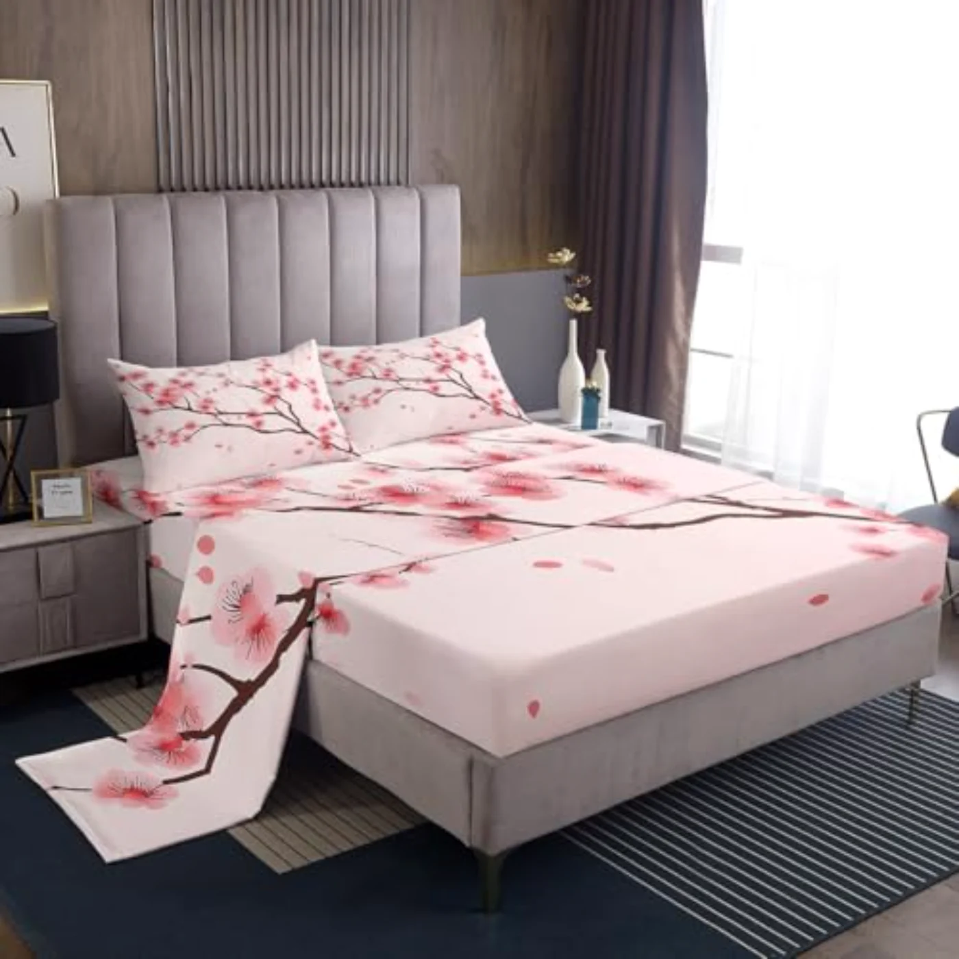 Cherry Blossoms Sheets Girl Pink Sheet Set, Queen