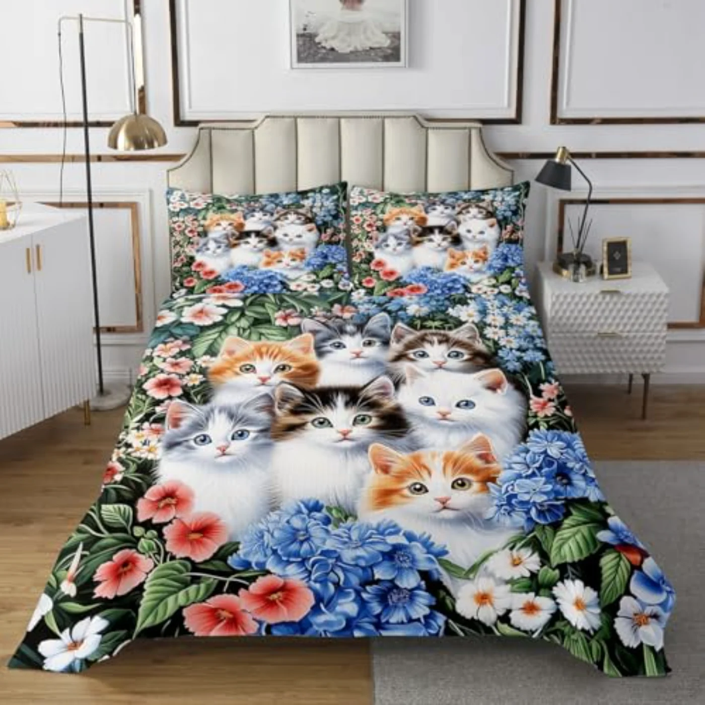 Cute Cats Quilts Colorful Flowers Quilt, Queen
