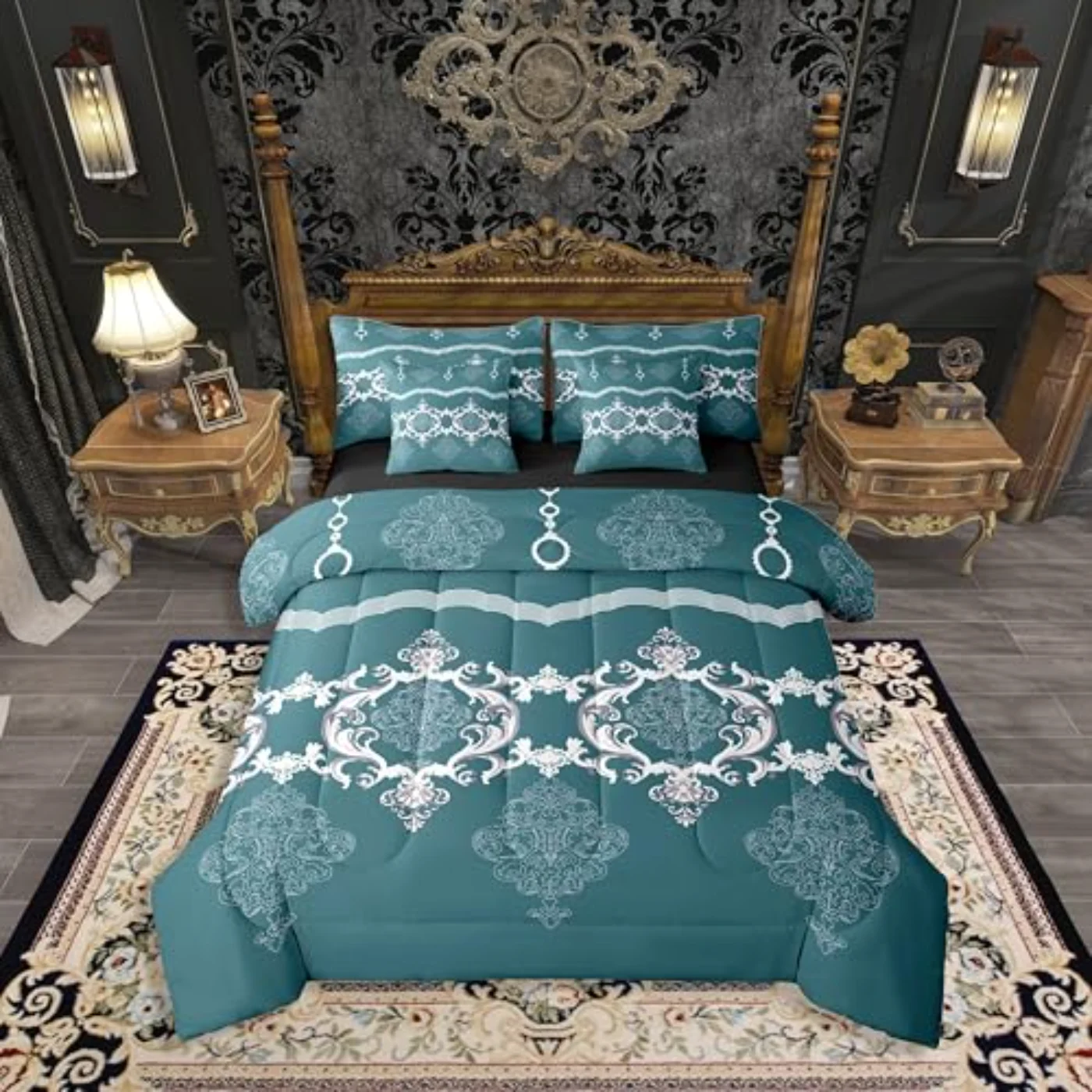 White Teal Blue Damask Baroque Comforter Set, Queen