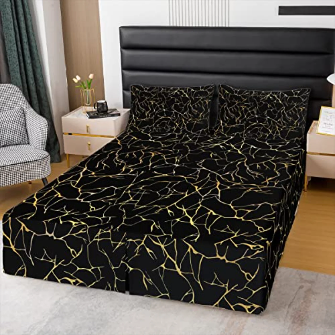 Gold Metallic Marble Skirt Black Comforter Set, Queen