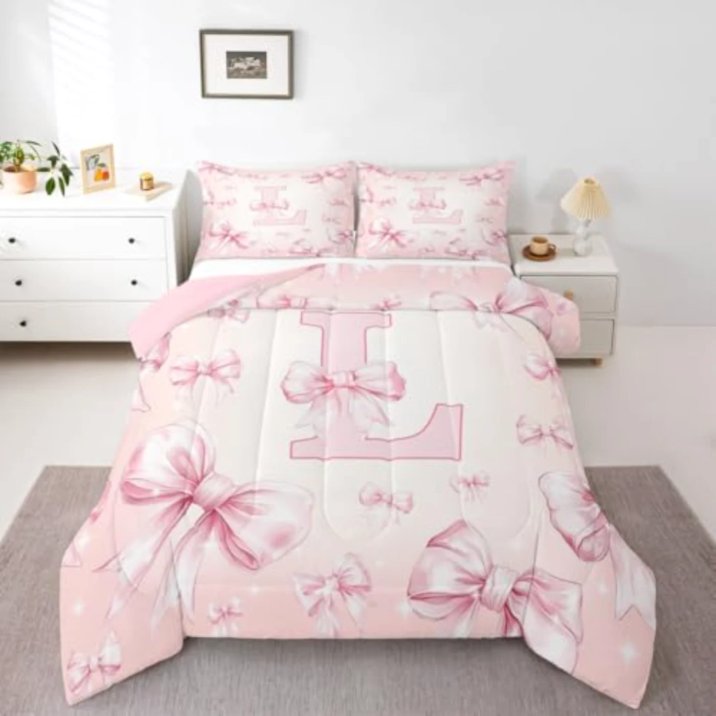 Cute Pink Bow Initial Letter Comforter Set, Queen