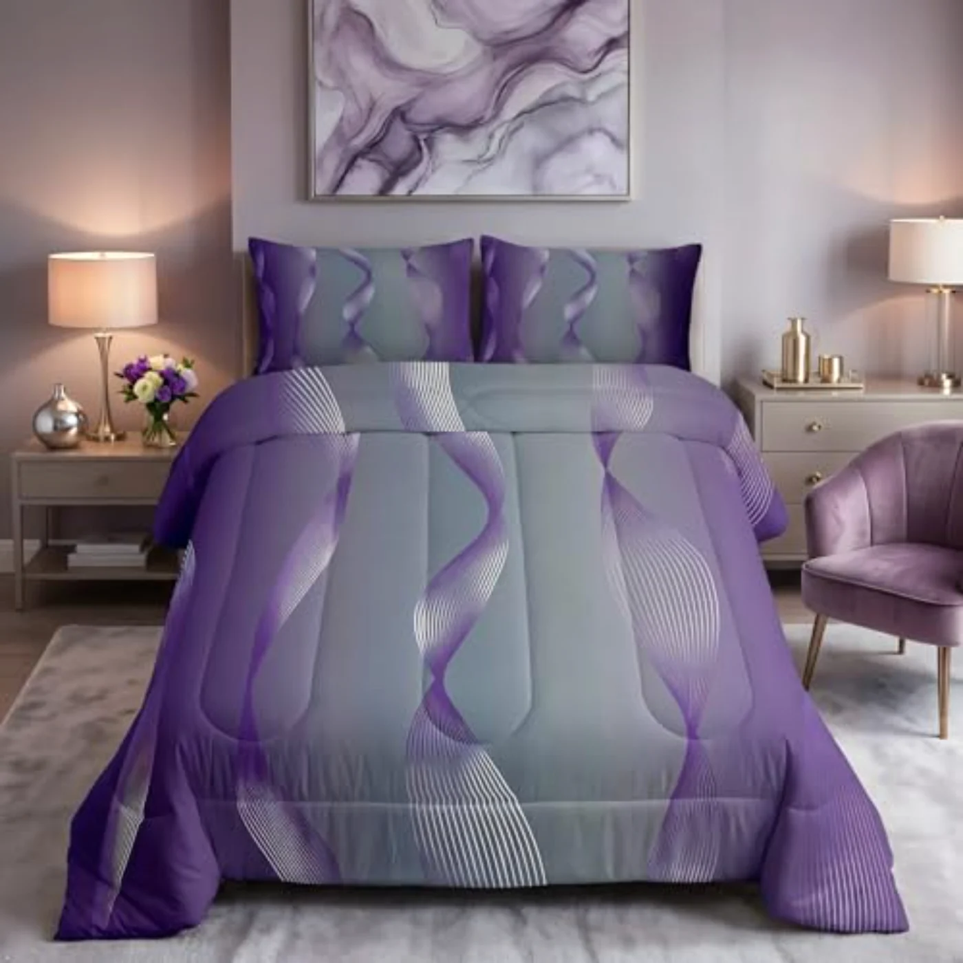 Gradient Grey Purple Girls Comforter Set, King