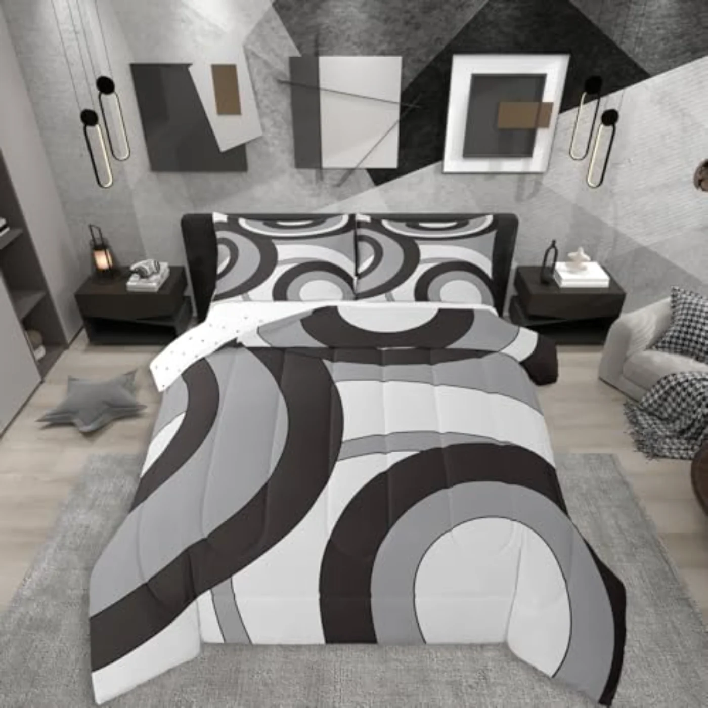 Grey Black Circles Geometric Modern Comforter Set, Full