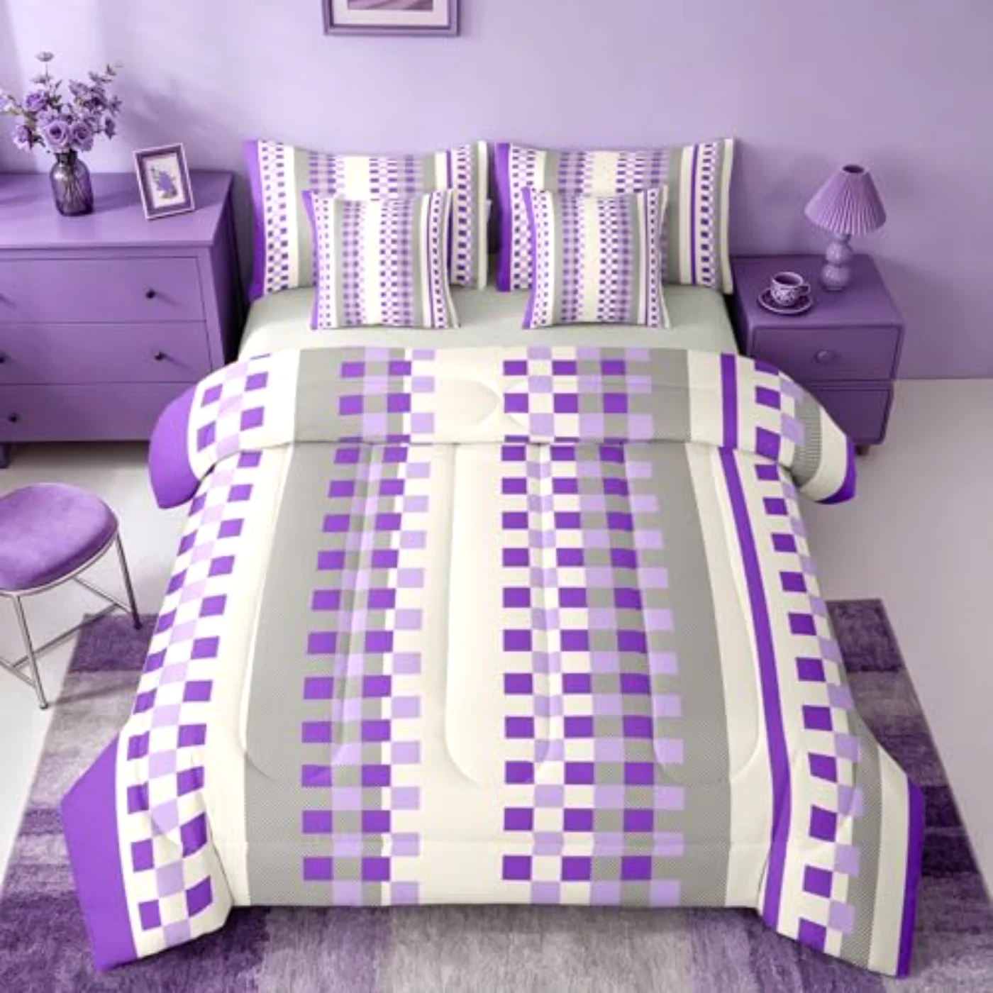Girls Purple Checkered Rustic Buffalo Comforter Set, Queen