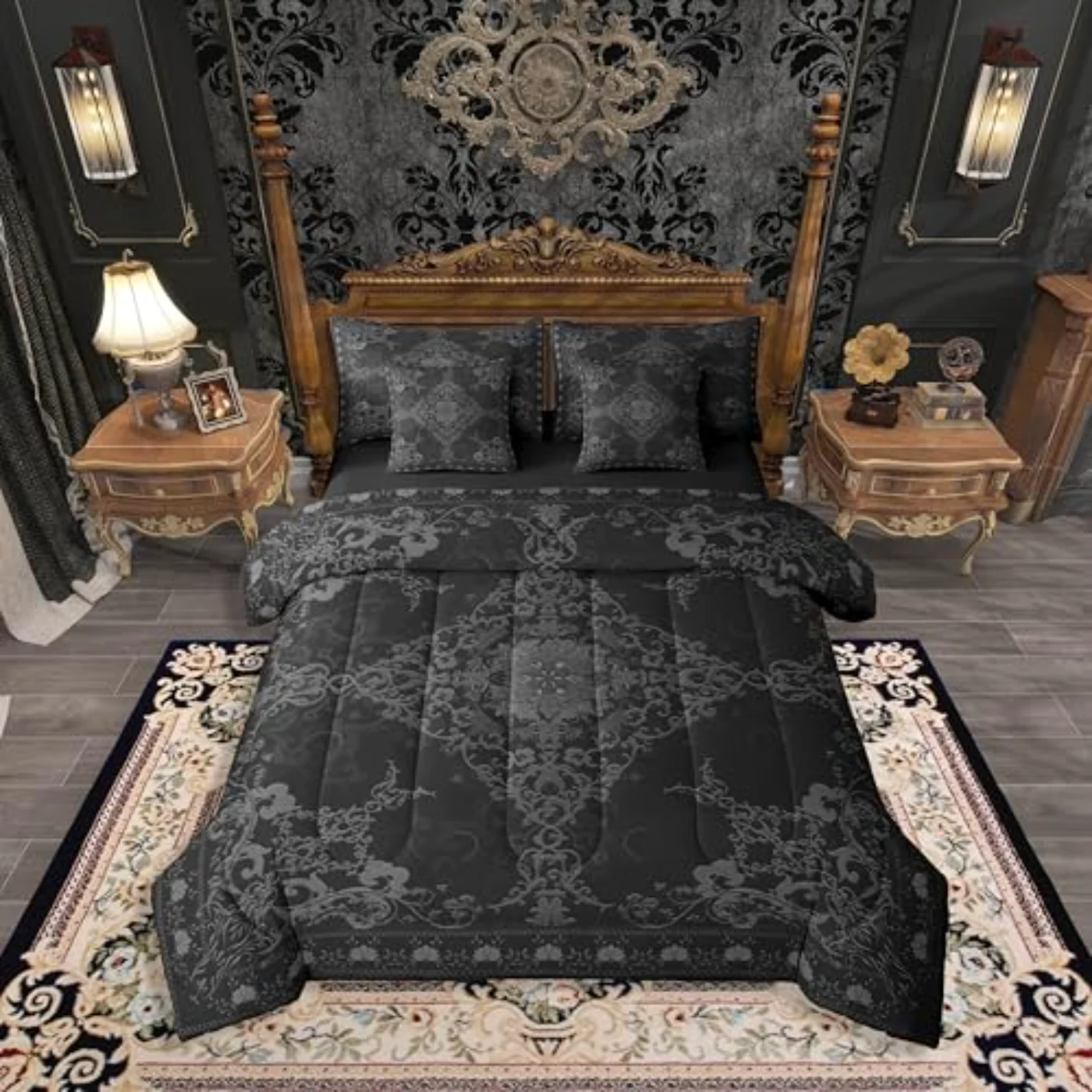 Adults Black Damask In Bag Comforter Set, King