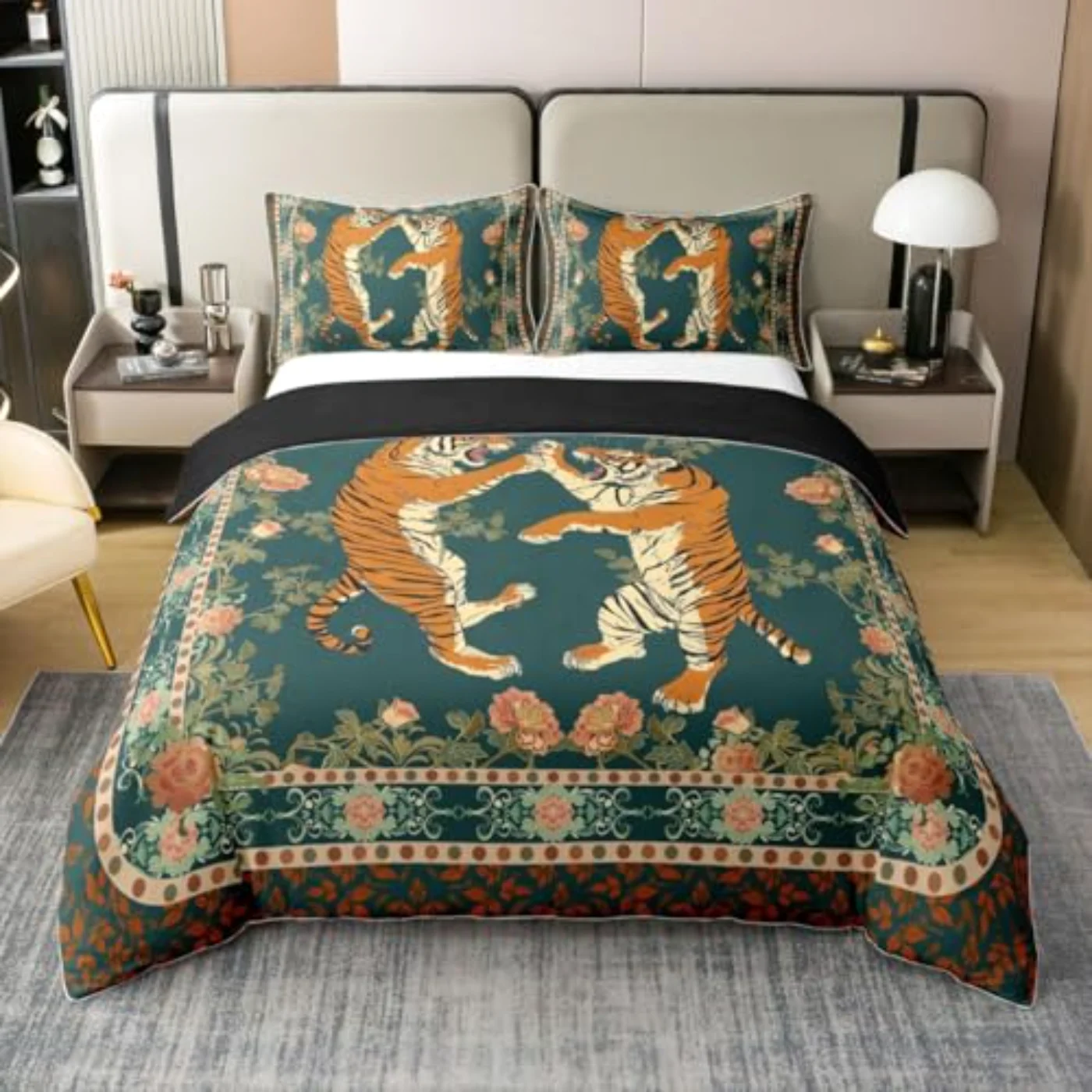 Vintage Tiger Floral Cotton Fierce Duvet Cover, Full