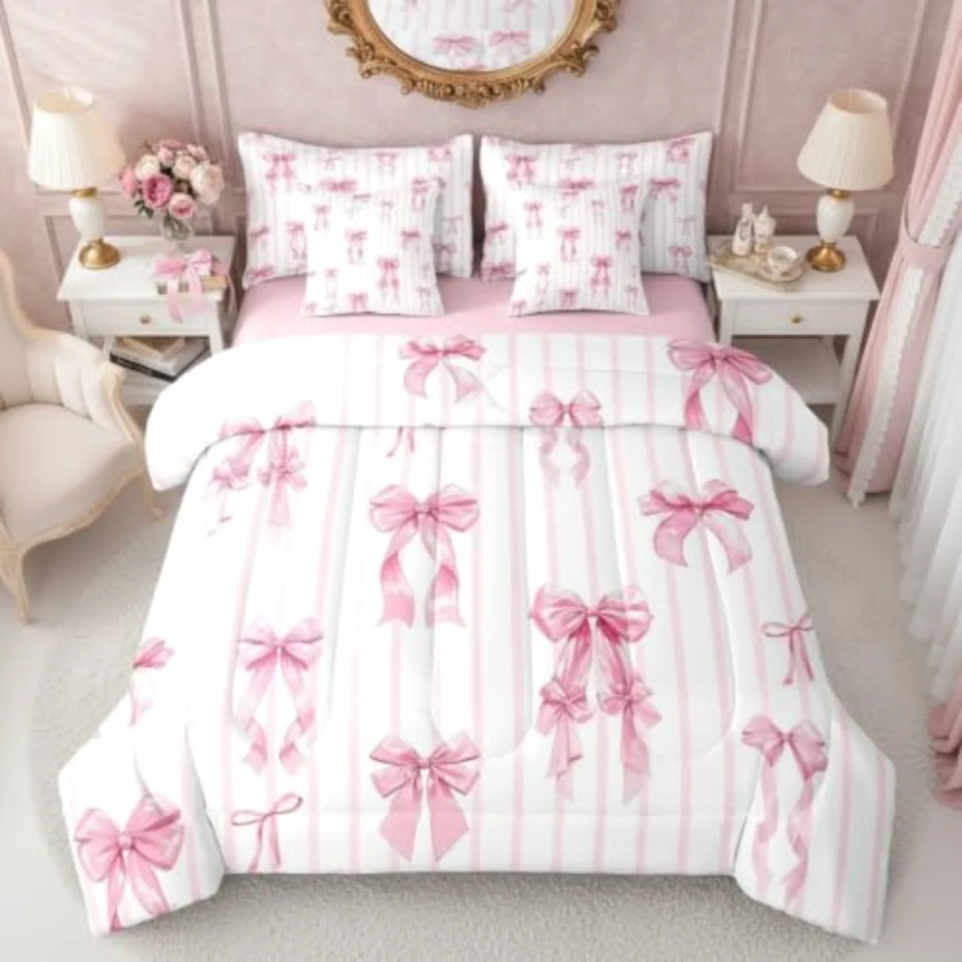Pink Ribbon Bowknot In Bag Comforter Set, Full