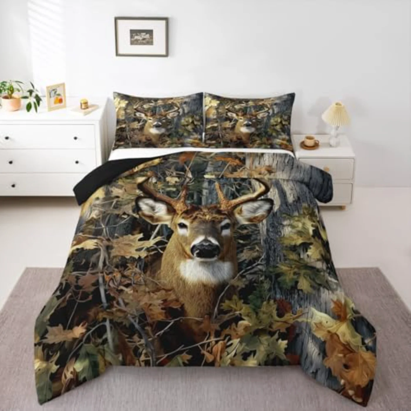 Camo Deer Woodland Deer Hunting Quilt, Queen