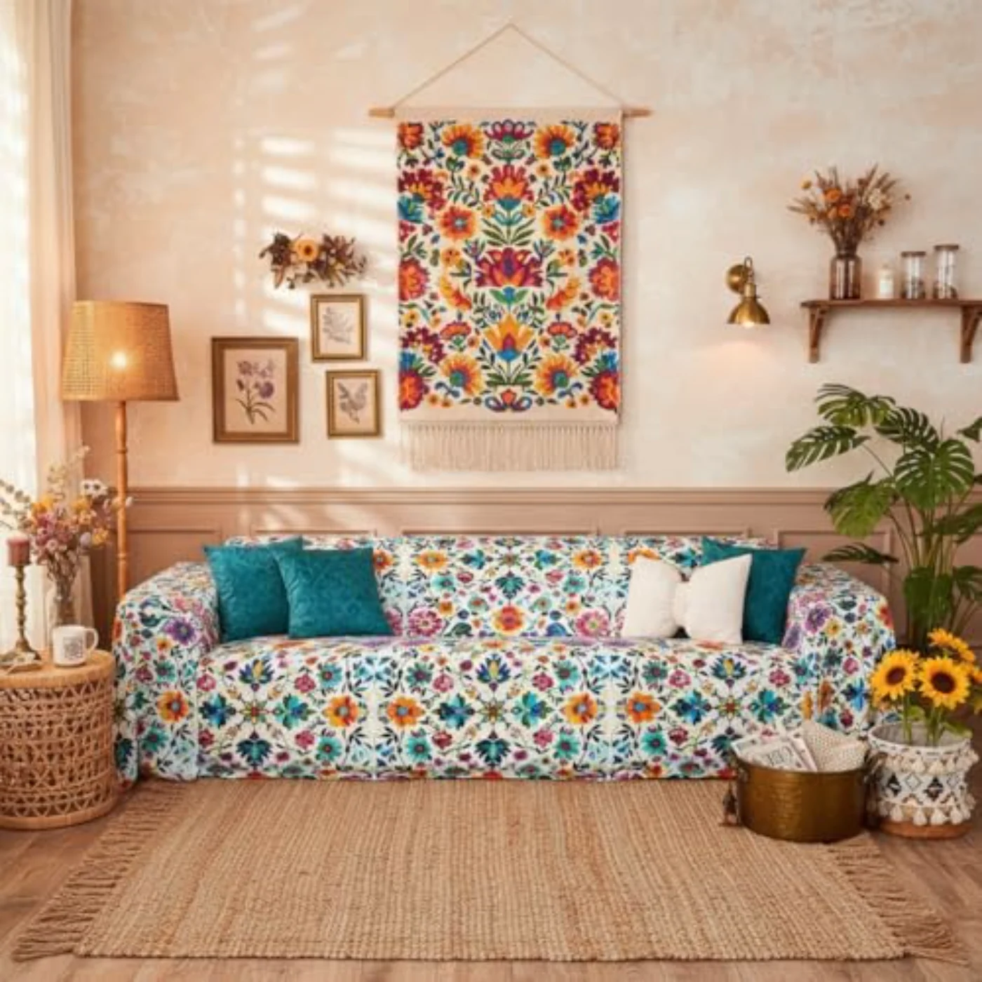 Boho Floral Couch Protector Hippie Quilt