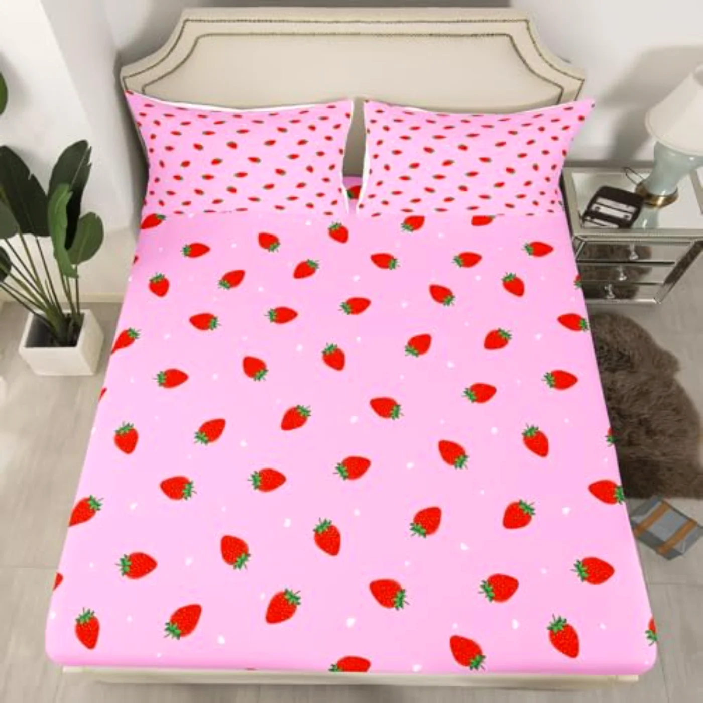 Kawaii Pink Strawberry - Fitted Sheet Set, Twin