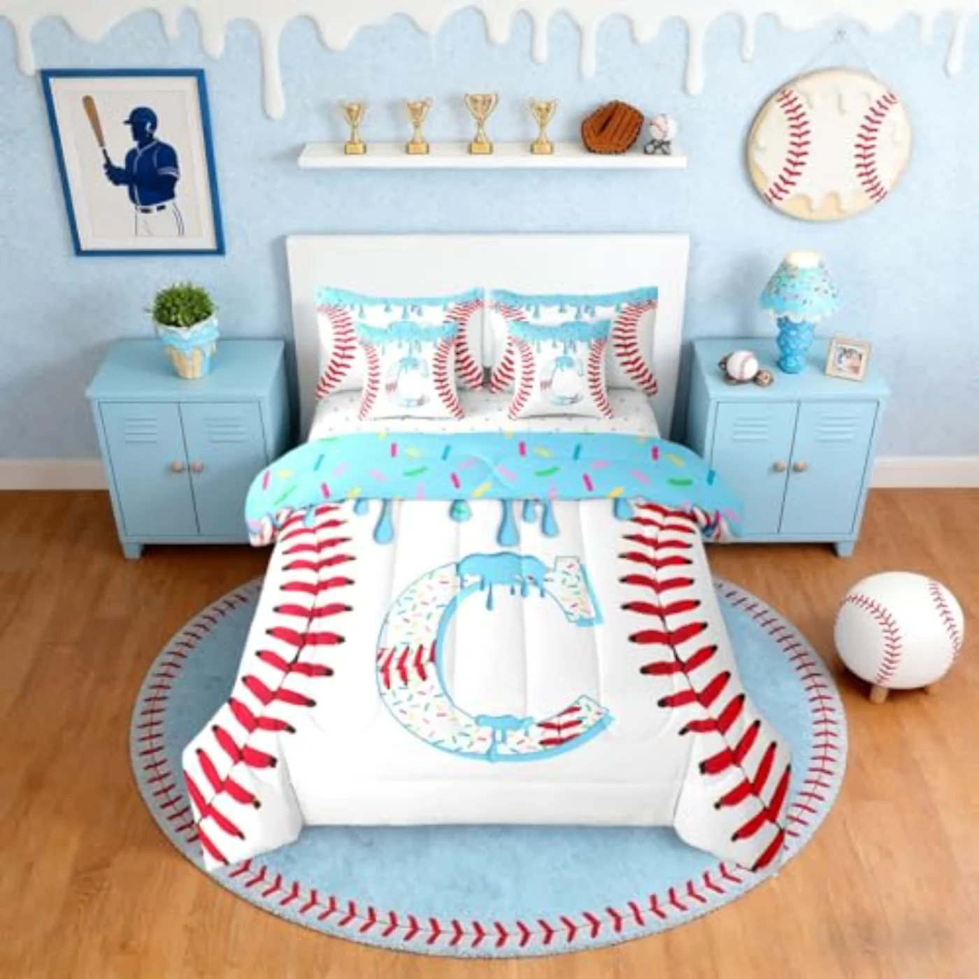 Baseball Initial Letter C Boys Comforter Set, Full