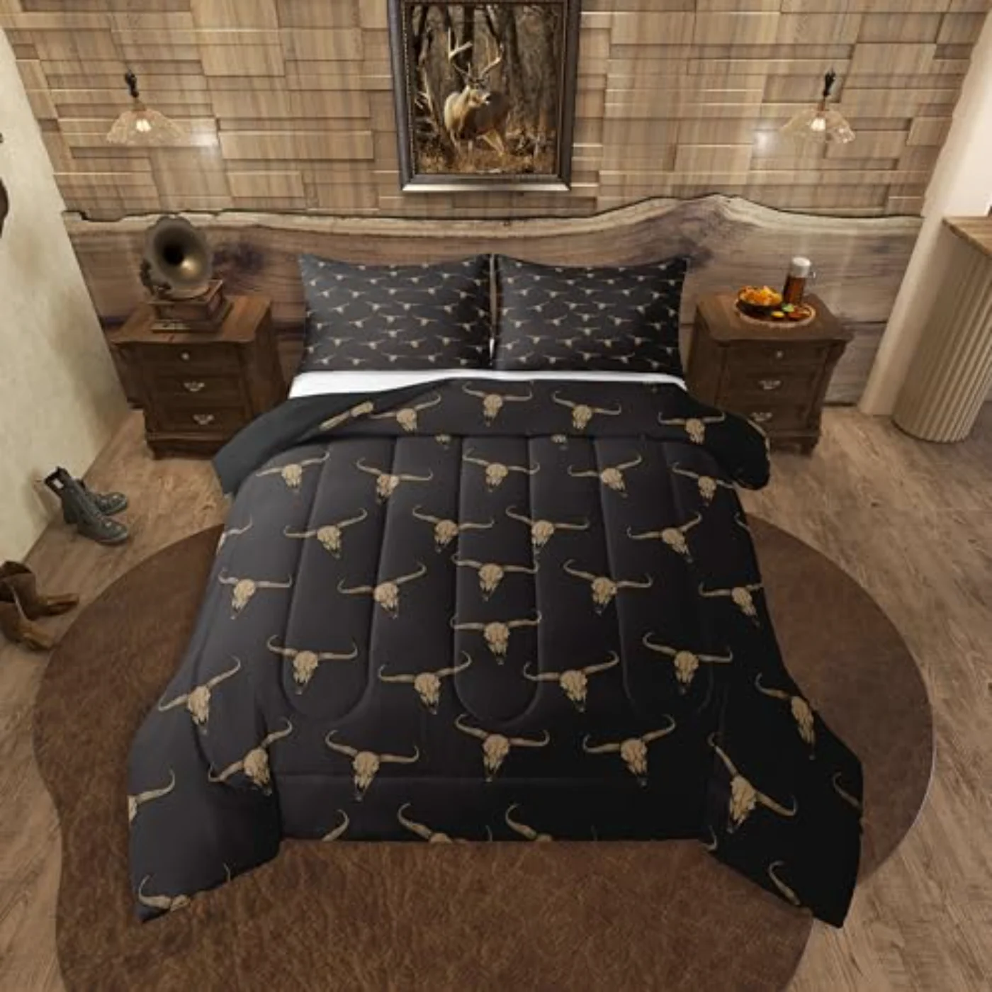 Bull Skull Ethnic Bohemian Men Comforter Set, Queen