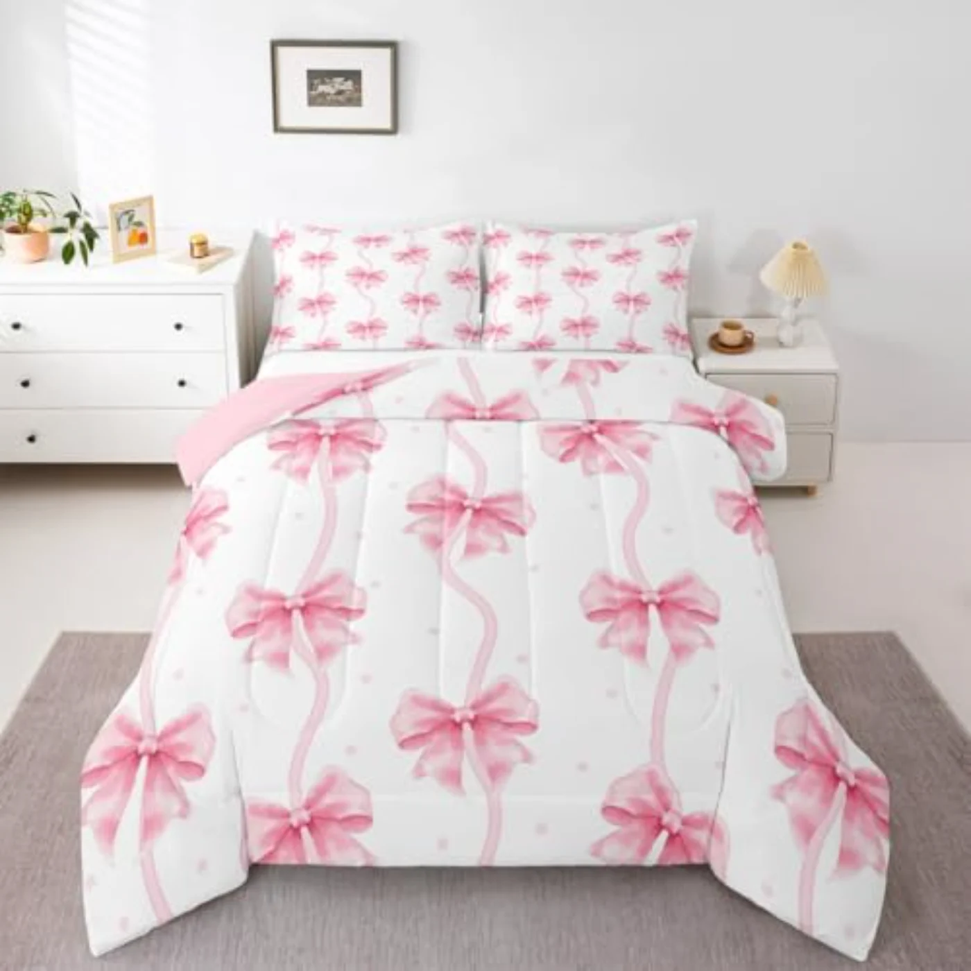 Pink Bow Girls Comforter Set, Twin, Pink (3K9Z)