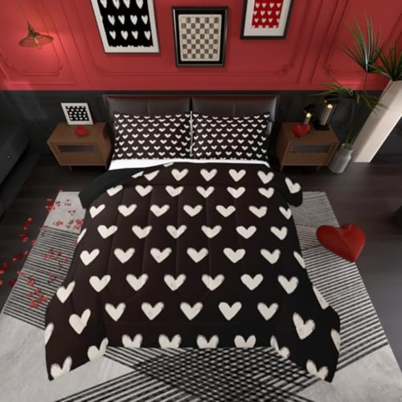 Black White Girls Cute Heart Comforter Set, Full