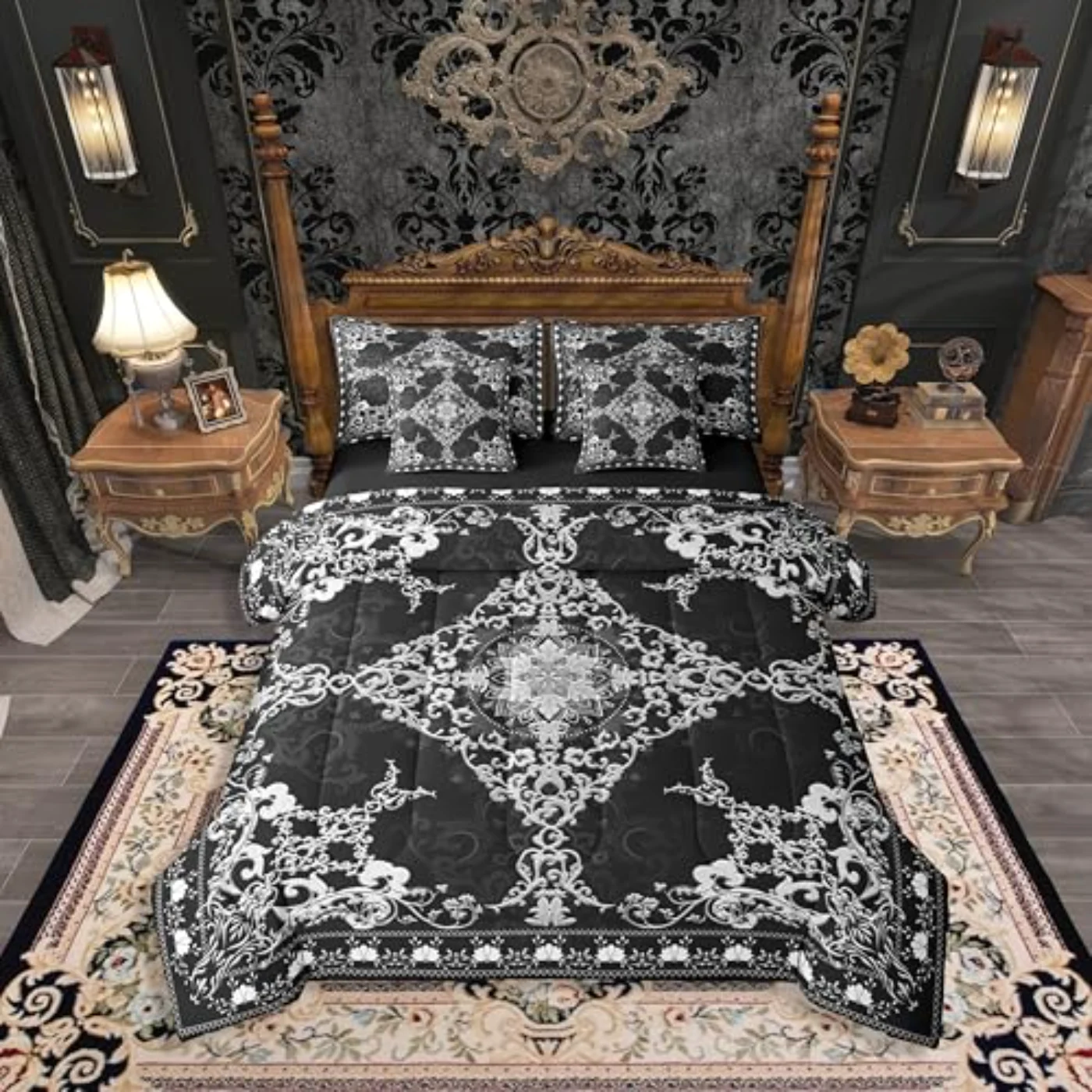 Black White Damask Sheets Antique Comforter Set, Queen