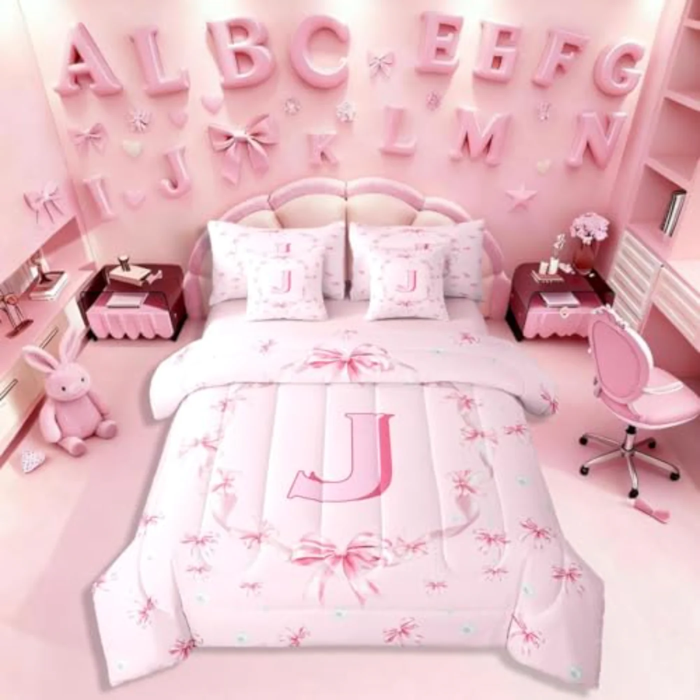 Pink Kawaii Bow Kids Comforter Set, Full