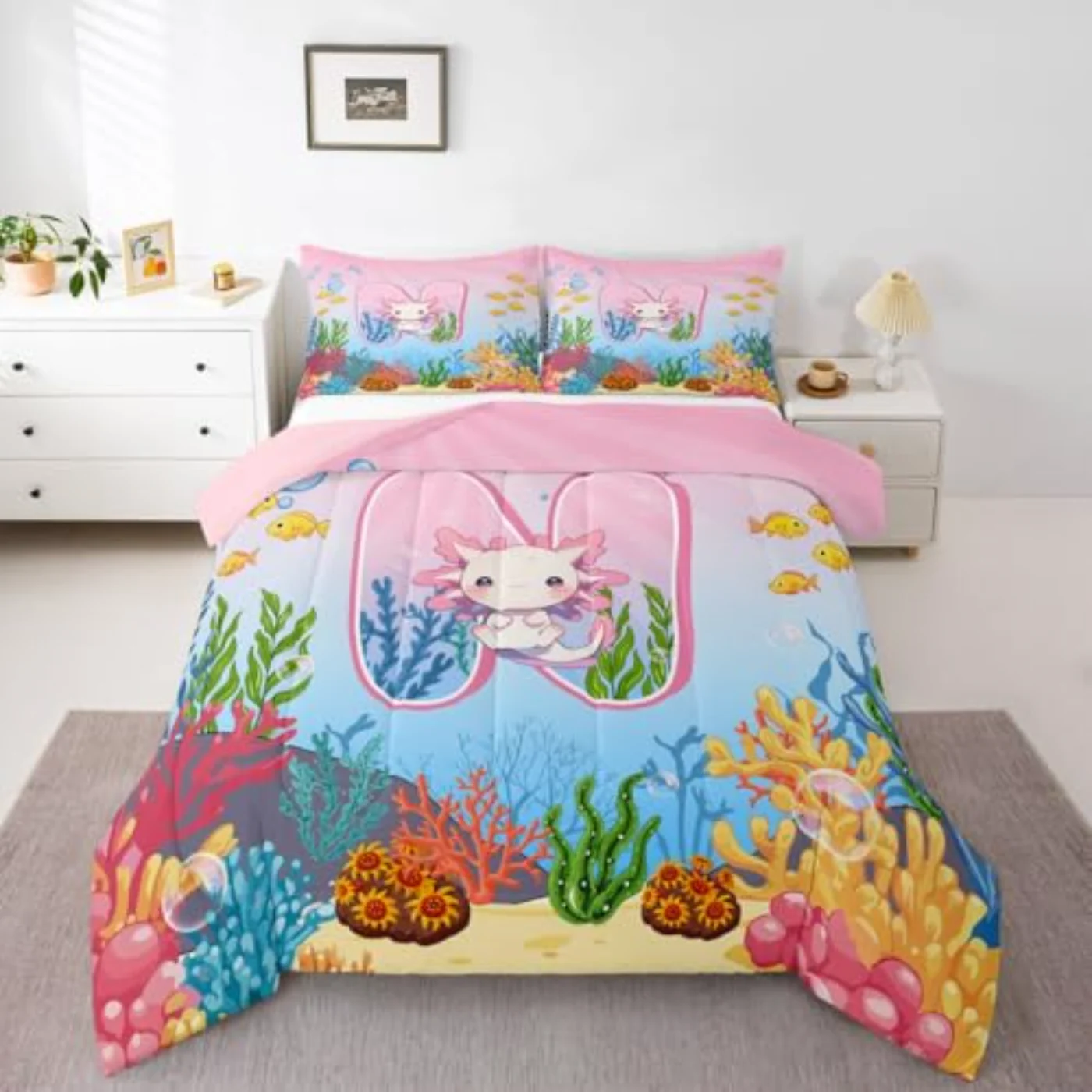 Pink Kawaii Axolotl Girls Comforter Set, Twin