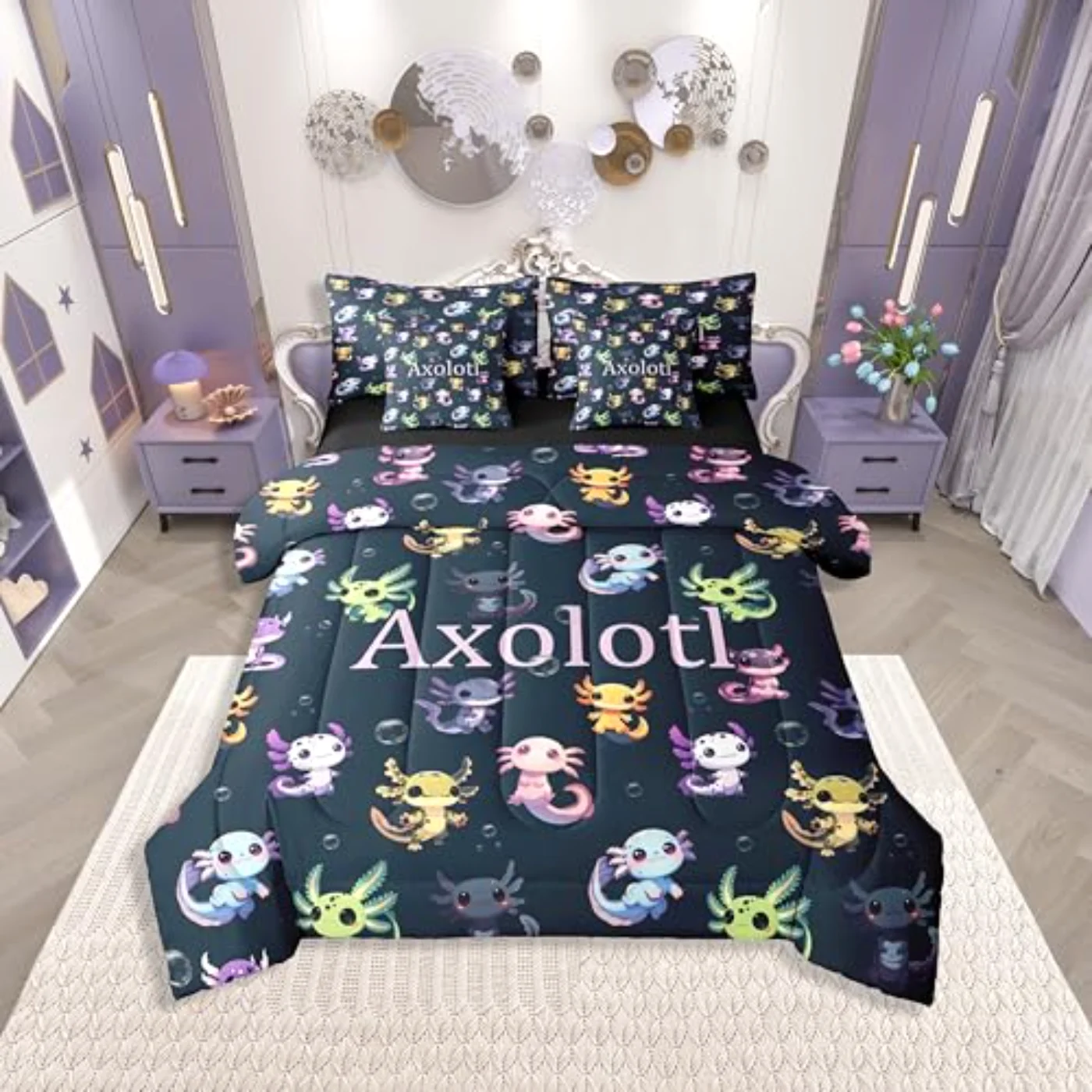Kids Cute Axolotl Sheets Kawaii Comforter Set, Twin