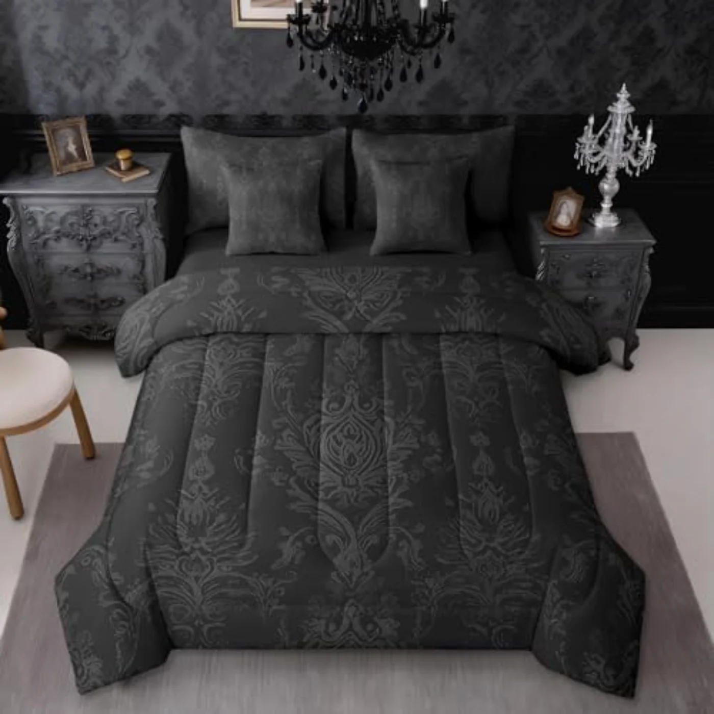 Adults Black Damask Print Exotic Comforter Set, Queen