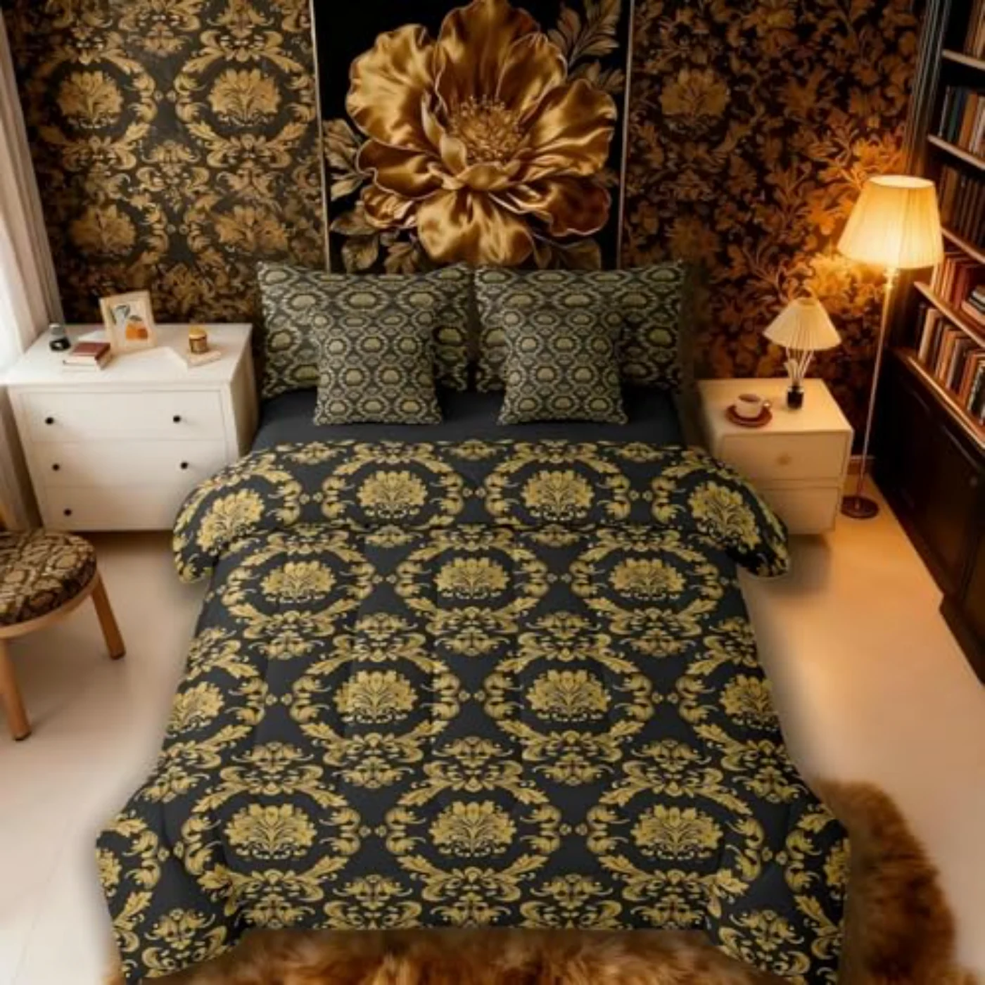 Black Gold Damask In Bag Comforter Set, King