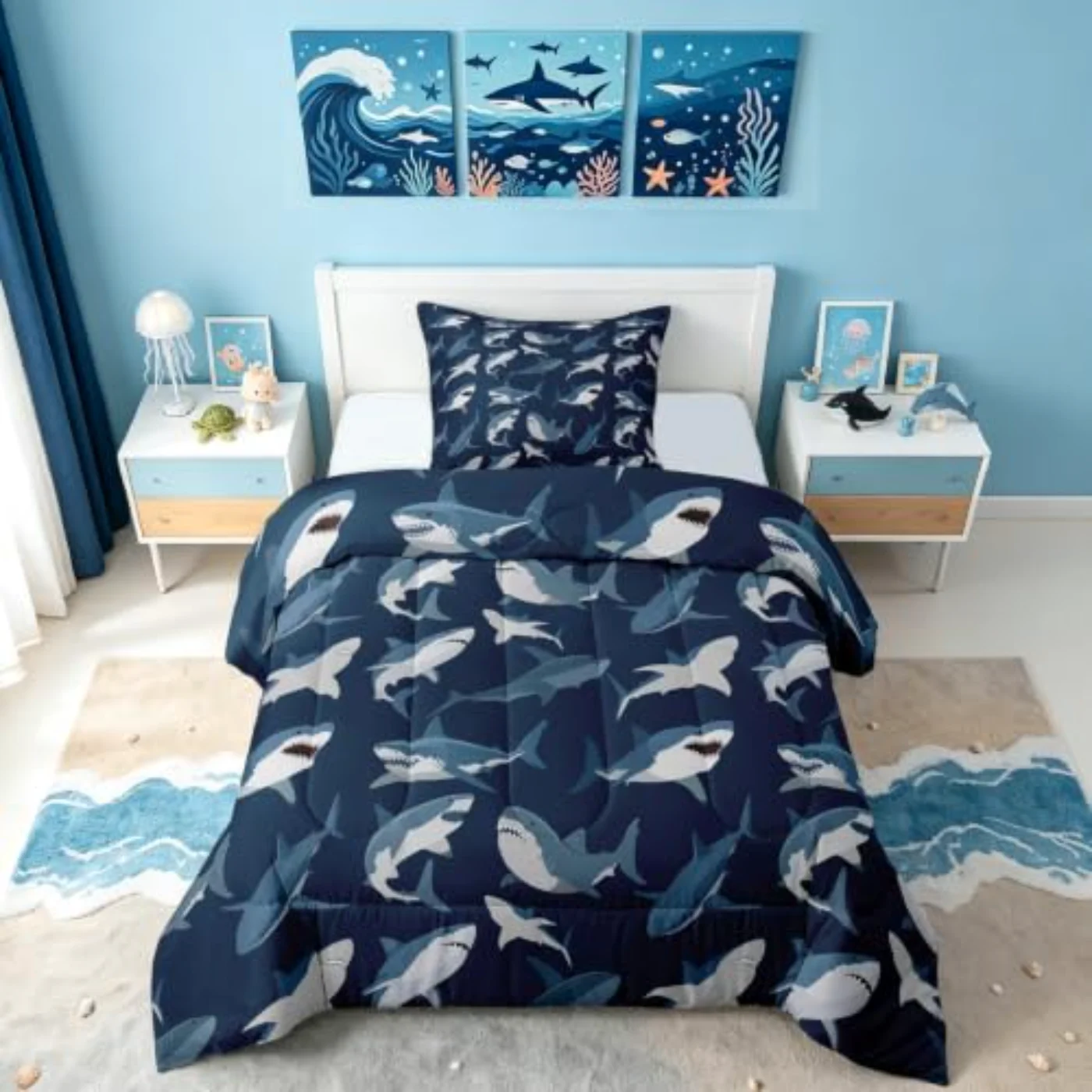 Boys Shark Ocean Sealife Kids Comforter Set, Twin
