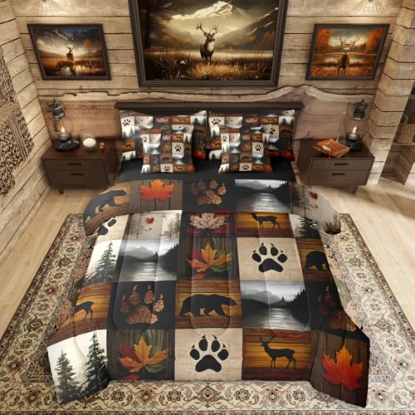 Bear Cabin Plaid Sheets Retro Comforter Set, Queen