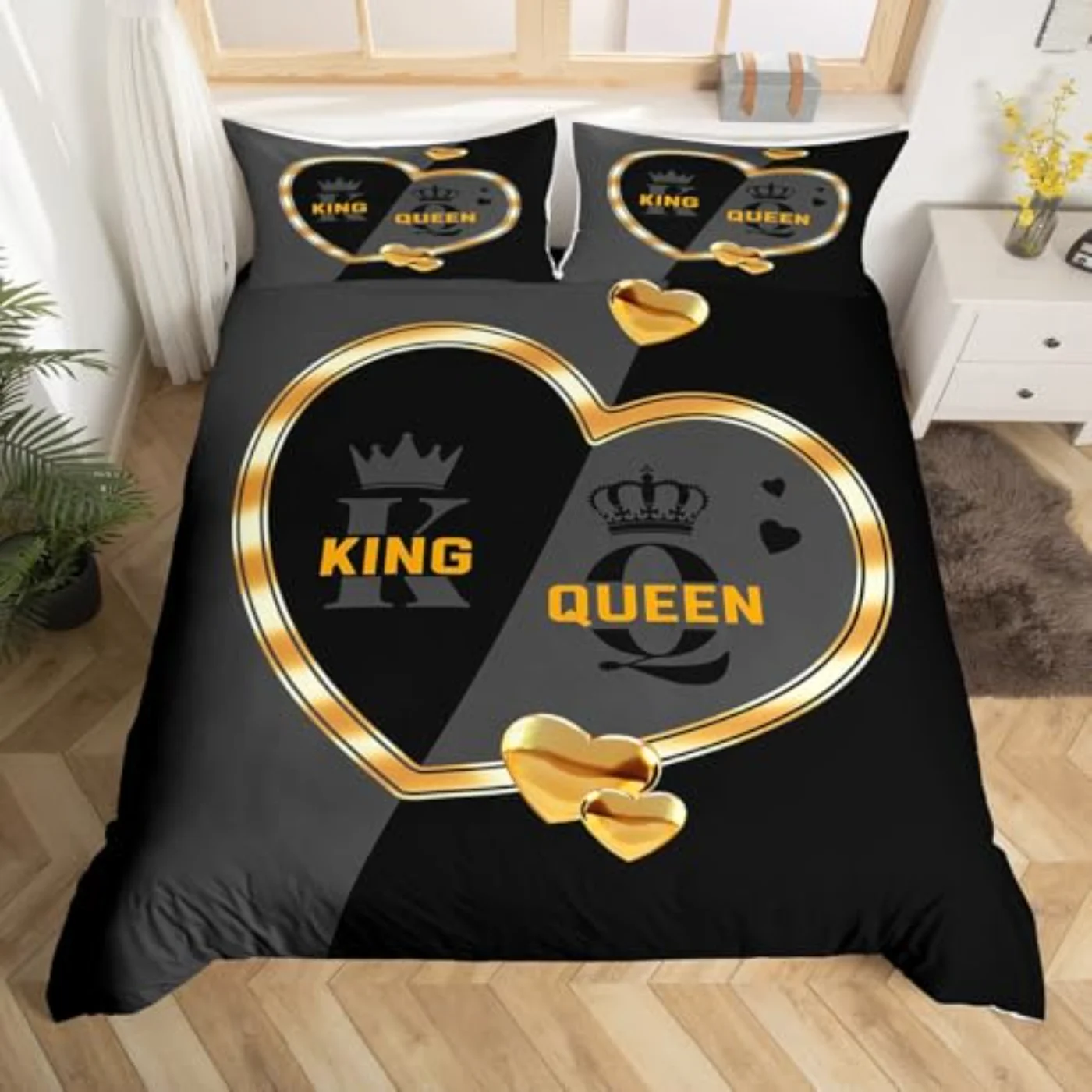 Crown Romantic Gold White Loving Duvet Cover, Queen