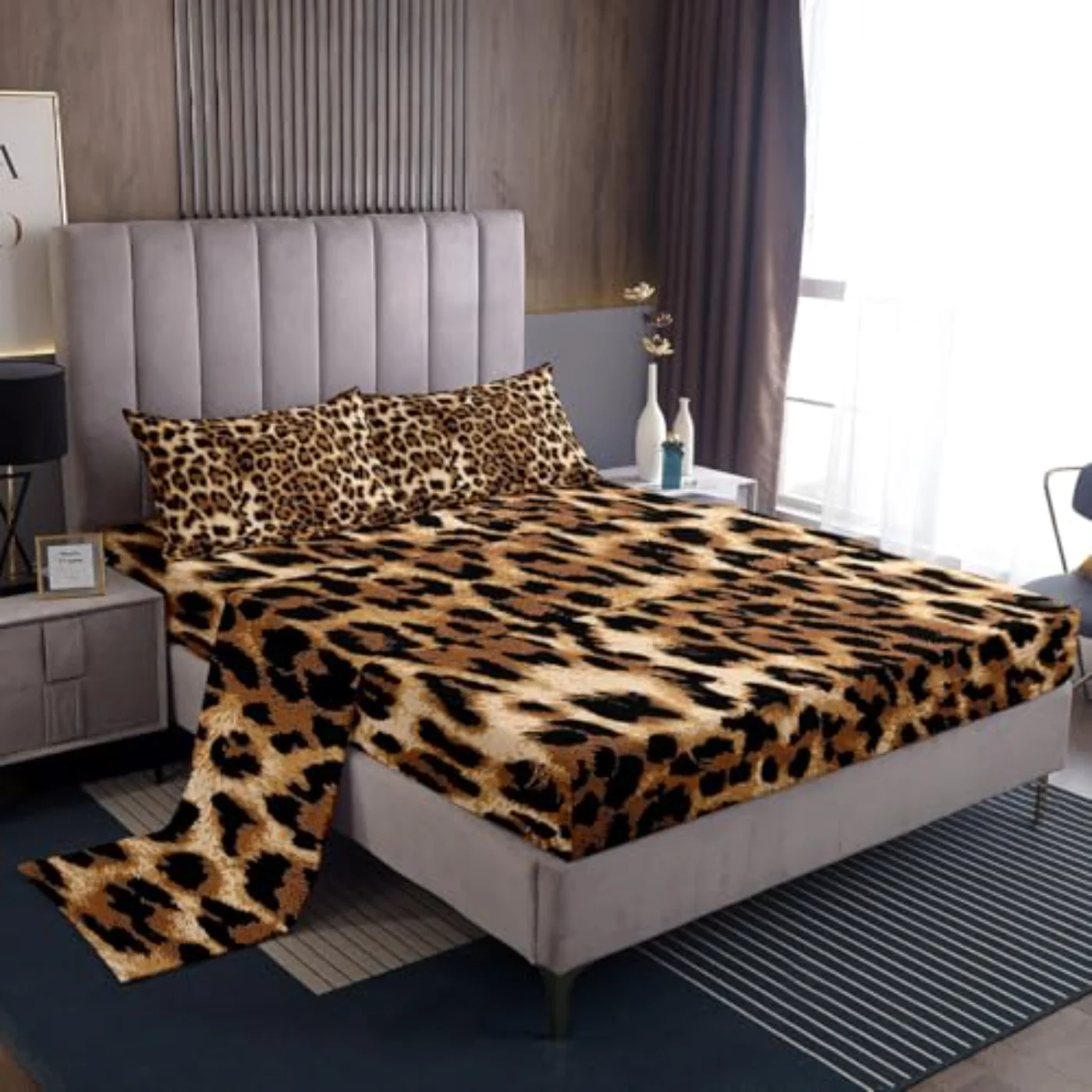 Black Brown Leopard Print Sheets Sheet Set, Queen