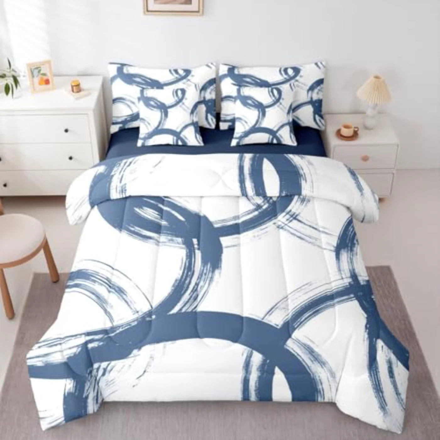Blue White Abstract Line Ink Comforter Set, Full
