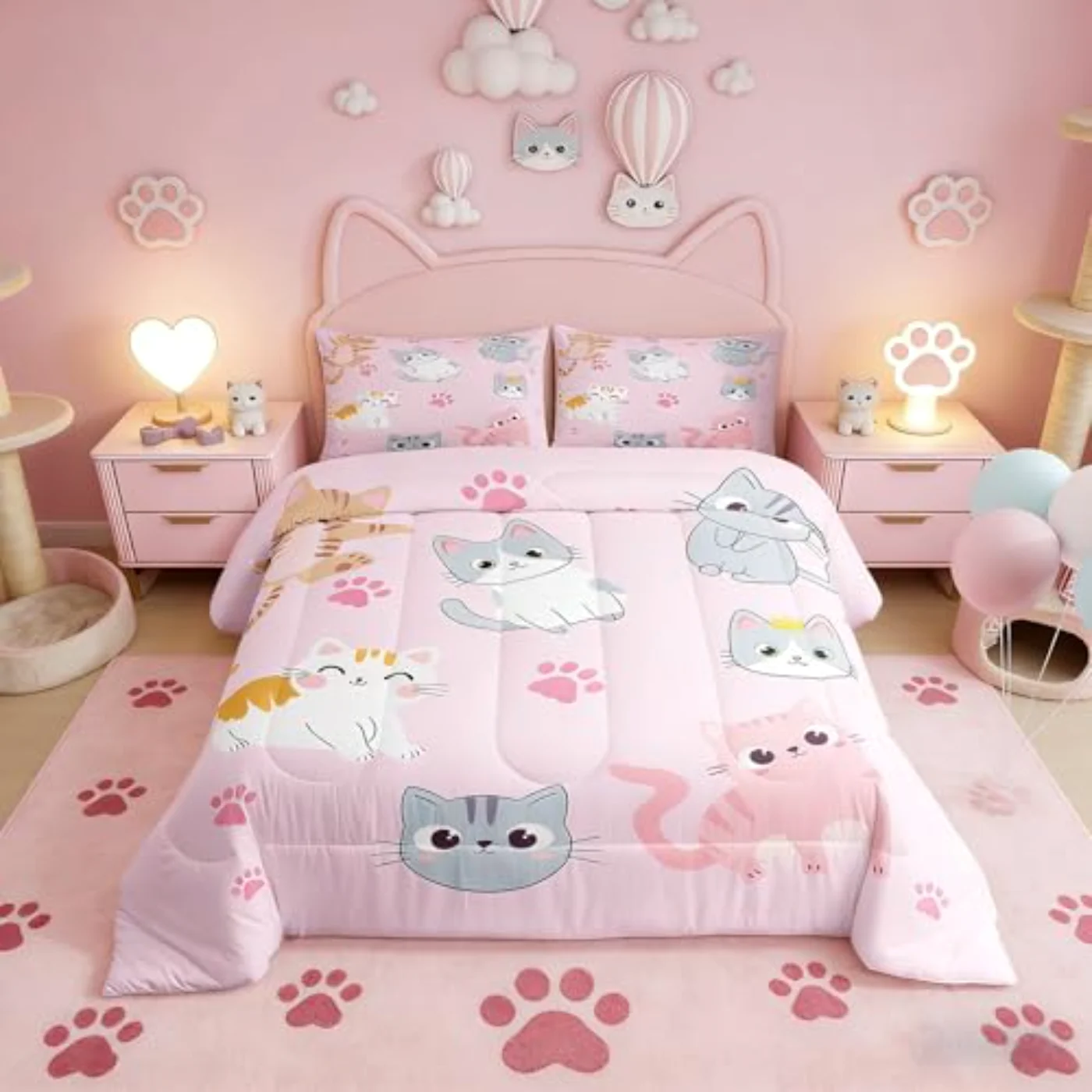 Kids Cute Colorful Cats Girls Comforter Set, Twin