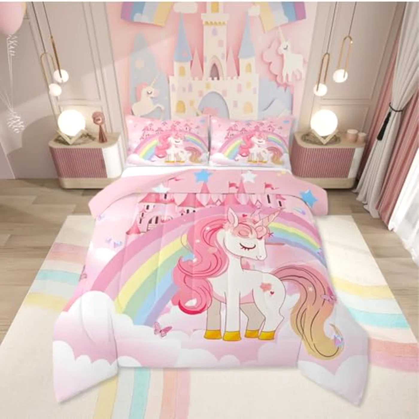 Unicorn Girls Kids Rainbow Princess Comforter Set, Queen