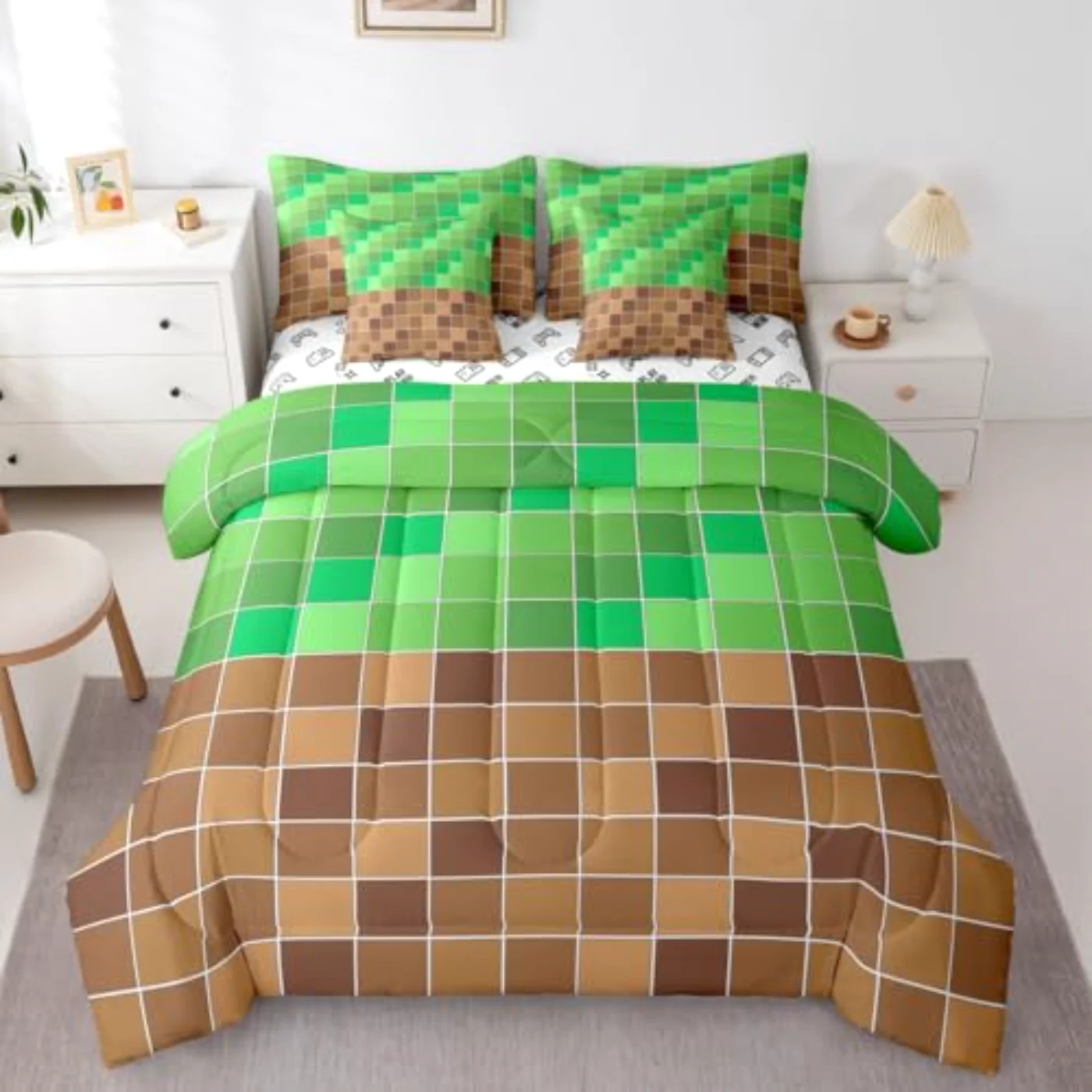 Gaming Plaid Sheets Geometric Checkered Comforter Set, Full