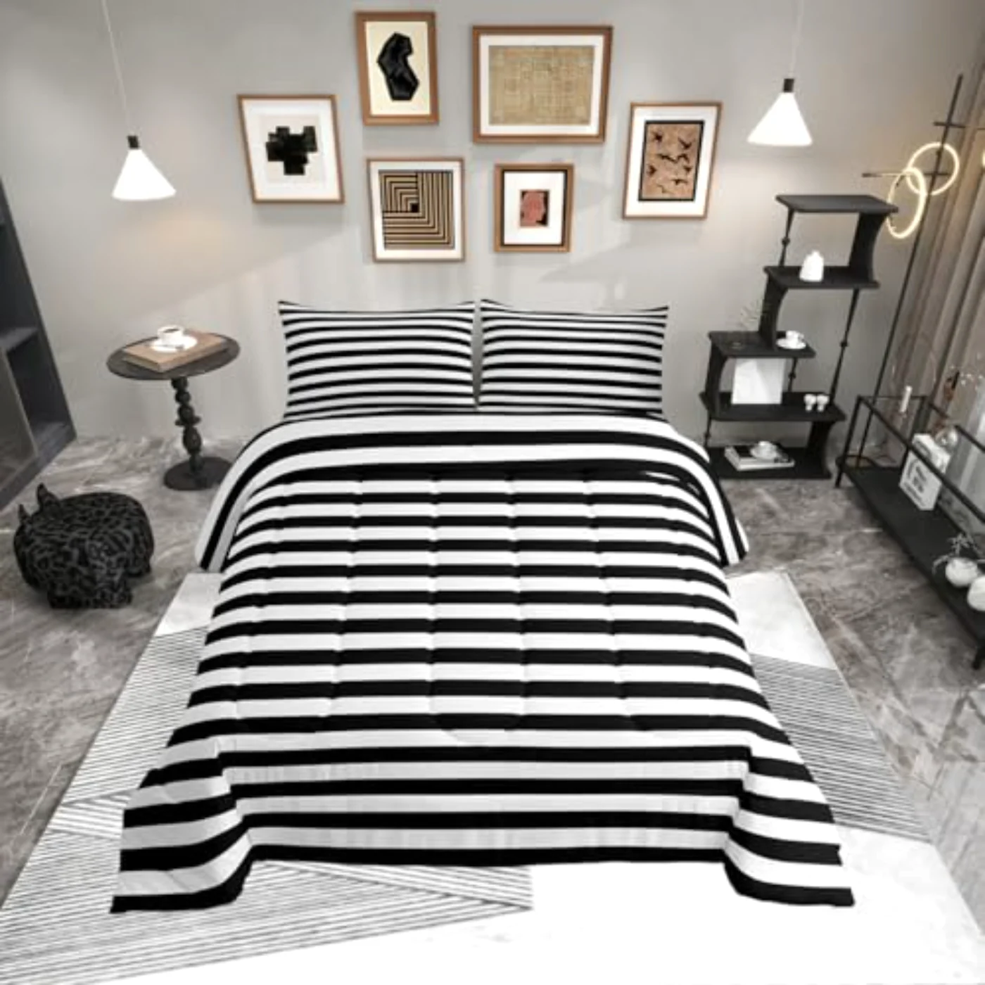 Striped Black White Stripe Kids Comforter Set, Twin