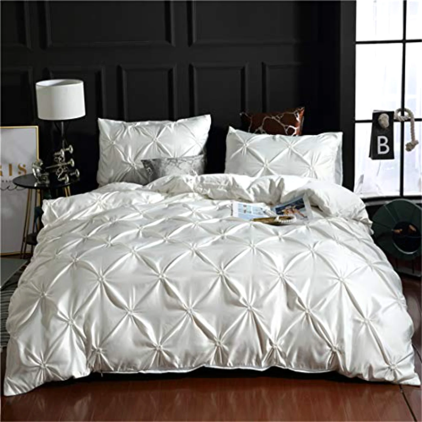 White Pinch Pleated Silk Like Duvet Cover, Queen