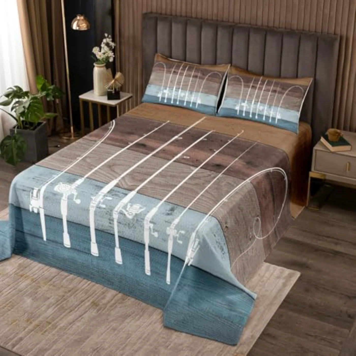 Fishing Coverlet Fishing Pole Fishing Quilt, Queen