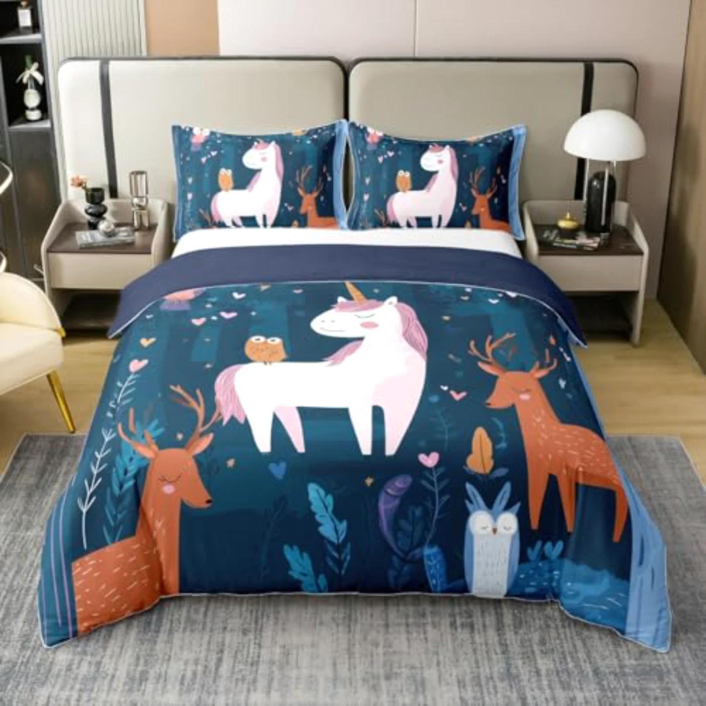 Cartoon Unicorn Cotton Owl Deer Duvet Cover, Queen