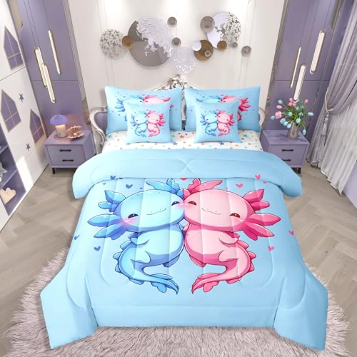 Cartoon Axolotls Sheets Pink Blue Quilt, Twin
