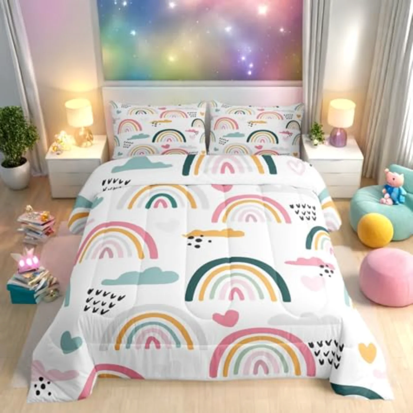 Rainbow Cartoon Rainbow Kids Girls Comforter Set, Twin