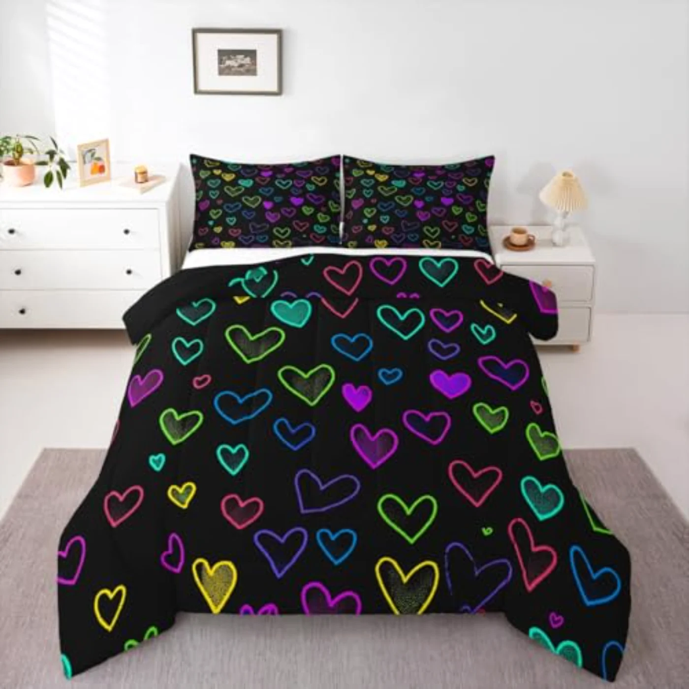 Glowing Hearts Rainbow Neon Lights Quilt, Queen