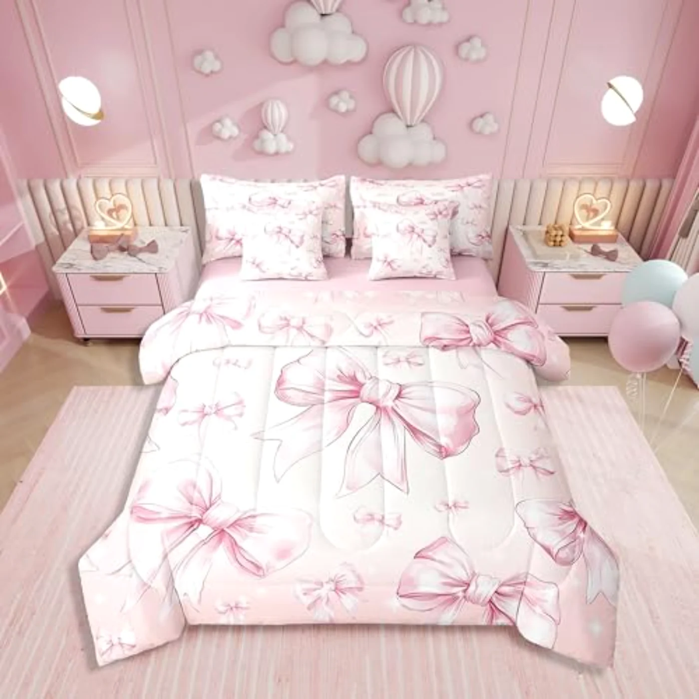 Pink Bow Girls Kawaii Bowknot Comforter Set, Queen