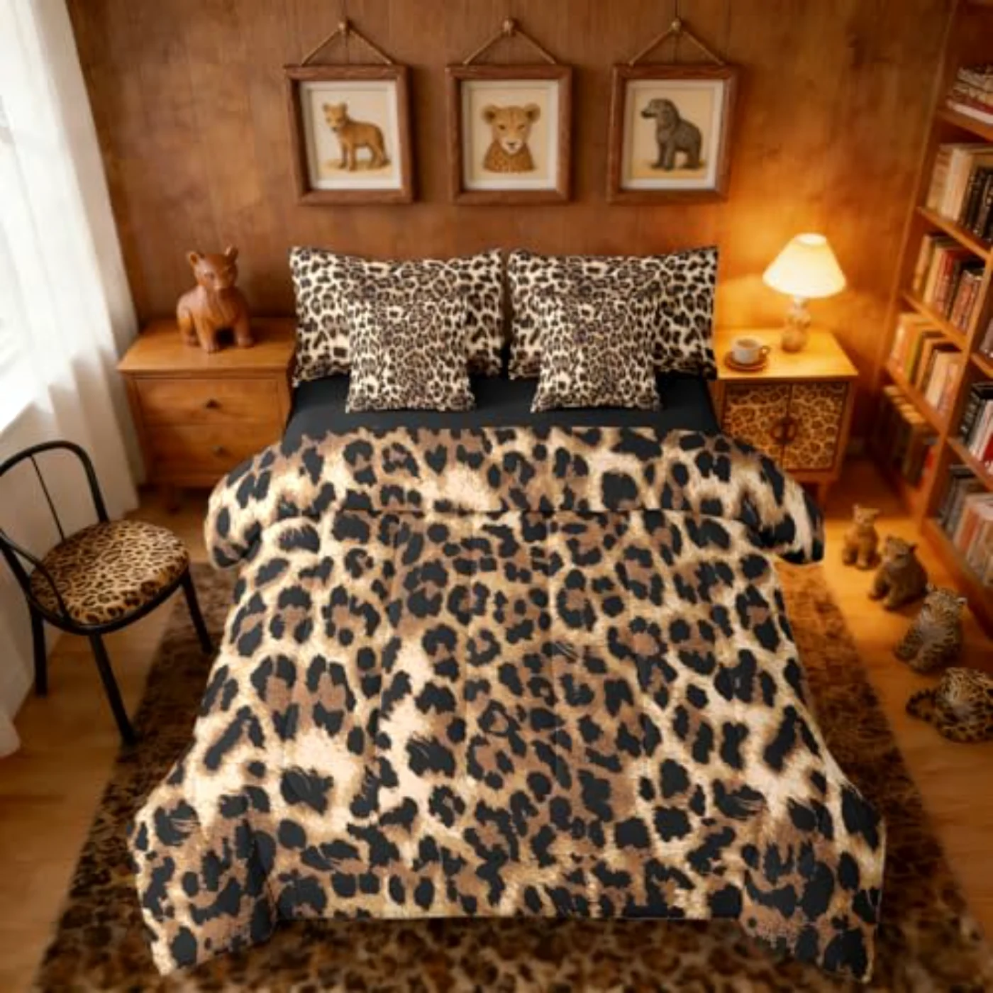 Black Brown Leopard Print Comforter Set, Queen