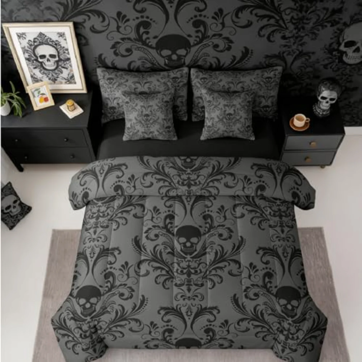 Gothic Damask In Bag Comforter Set, Queen, Black
