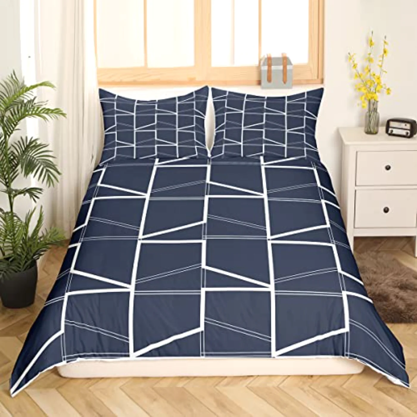 Navy Blue Geometric Duvet Cover, Twin